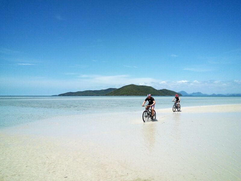doi bărbați mergând cu bicicleta pe plajă